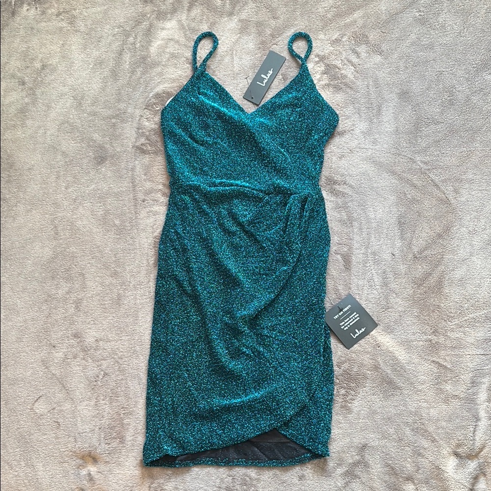 Lulu's Green and Blue Sheath Mini Dress Spaghetti Strap V-Neck